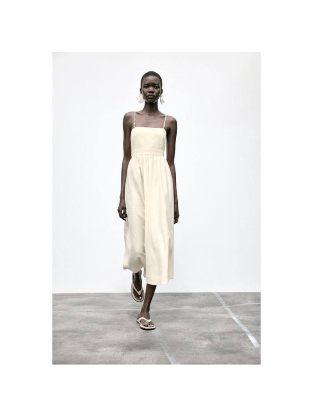 Zara  Spaghetti Strap Linen Blend Midi Dress Ecru Size M